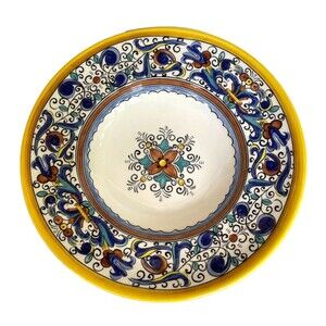 2 Medallion Pasta Bowls 12" Deruta Style Blue Yellow Umbrian Pottery Portugal